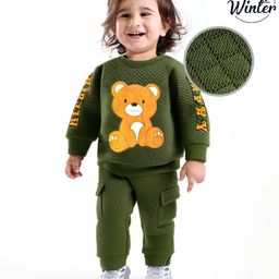 Babyoye 100% Cotton Knit Full Sleeves Winter Wear T-Shirt & Pant Set with Bear Print & Cargo Pocket Detailing - Green-image-29