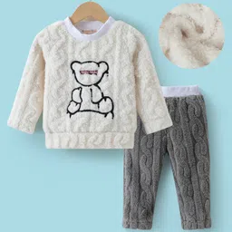 Kookie Kids Full Sleeves Winter Wear Night Suit With Teddy Applique - Cream & Grey-picture-0