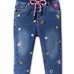 Olio Kids Denim Full Length Jeans with Floral and Bees Embroidery Detailing - Deep Blue-image-34