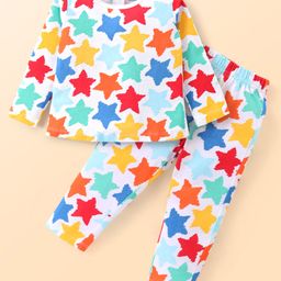 Babyhug Cotton Knit Full Sleeves Night Suit With Stars Print - Off White-image-78
