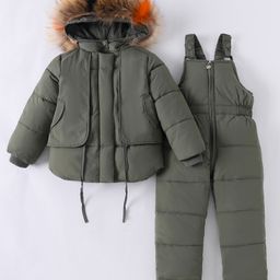 Kookie Kids Full Sleeves Hooded Winter Wear Suit With Padded Jumper Pants - Grey-image-29