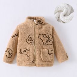 Kookie Kids Full Sleeves Front Open Fur Jacket with Bear Design - Brown-image-86