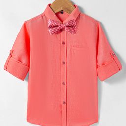 Robo Fry Woven Full Sleeves Solid Colour Party Shirt With Bow - Coral-image-69