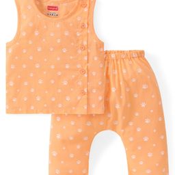 Babyhug Cambric Woven Sleeveless Side Open Innerwear Set With Paw Print - Orange-picture-18