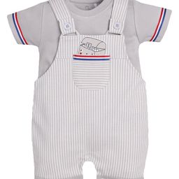 BABY GO Striped Box Patch Detailed Striped Dungaree With Half Sleeves Solid Tee - Beige-image-63