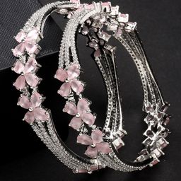 NVR Women Set of 2 Silver-Plated American Diamond Handcrafted Bangles - Silver(2.6)-image-2
