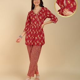 Zelena Cotton Woven Three Fourth Sleeves Floral Printed Maternity Co Ord Set With Concealed Zipper Nursing Access - Red-image-26