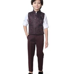 Earth Conscious Full Sleeves Jacquard Design 3 Piece Party Suit Set - White & Wine-image-82