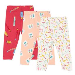 MINI KLUB Cotton Pack Of 3 Pencil & Confetti Printed Leggings - Red Peach & White-image-86