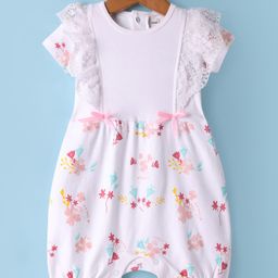 Mark & Mia Interlock Knit Half Sleeves Floral Printed Romper with Lace Detailing & Bow Applique - White-image-34