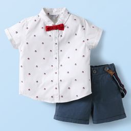ToffyHouse Poplin Woven Half Sleeves Shirt & Shorts Set with Bow Suspender & Helmet Print- Navy Blue & White-image-62