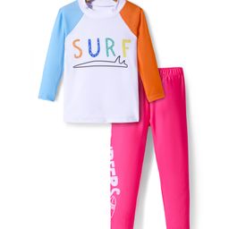 KIDLINGSS Full Sleeves Surf Text Printed Top & Leggings - White & Pink-image-17