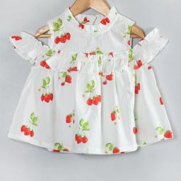Hugsntugs Cotton Cold Shoulder Half Sleeves Strawberries Printed Top - White-picture-15