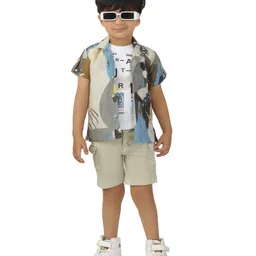 DOTSON Half Sleeves Abstract Printed Shirt & Shorts With Tee Set - Cream-picture-14