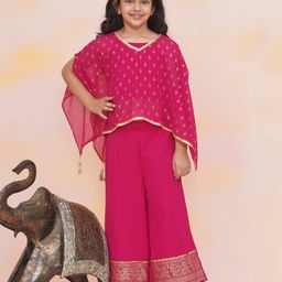 KID1 Georgette Half Batwing Sleeves Foil Leaves Printed Kaftan Top & Palazzo With Inner Tee Set - Rani Pink-image-8