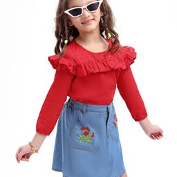 OLLINGTON ST. Woven Full Sleeves Top & Denim Skirt Set with Floral Embroidery - Red & Indigo-picture-14