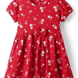 Doodle Poodle Cotton Knit Half Puffed Sleeves Frock with Floral Print & Bow Applique - Red-image-67