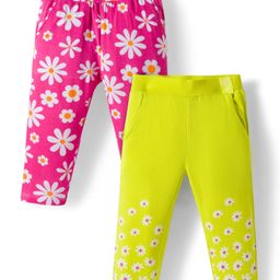 Honeyhap Premium Cotton Elastane Knit Mid Calf Length Leggings with Bio Finish & Floral Print Pack of 2 - Carmine Rose & Evening Primrose-picture-10