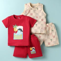 CUCUMBER Sinker Knit Half Sleeves Shorts Co-Ord Night Suits With Beach Theme Print Pack of 2 - Red & Cream-image-92