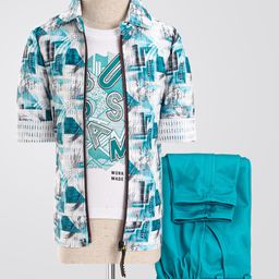 Radutu Full Sleeves Buildings Printed Jacket With Tee & Pant Set - Sea Green-image-88
