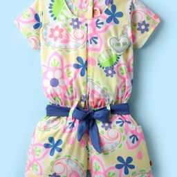 Dew Drops Poplin Woven Half Sleeves Jumpsuit with Floral Print & Belt - Multicolor-image-56