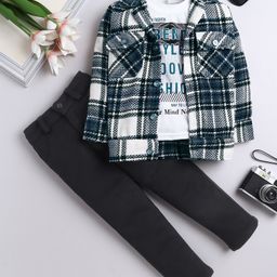 Fourfolds Cotton Blend Woven Trendy Style Text Printed Tee & Trousers With Full Sleeves Checked Jacket Set - Navy Blue-picture-26