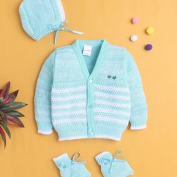 BUMZEE Knit Full Sleeves Cable Knit Design Solid Color Front Open Sweater with Cap & Booties - Aqua Blue-picture-35