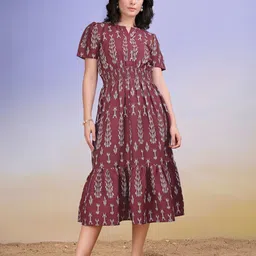 PURVAJA Women Ikat Printed Smocked Fit & Flare Midi Dress-picture-35