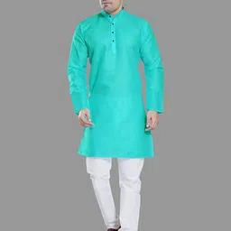 PulseIQ Green Cotton Blend Solid Kurta Sets-image-33