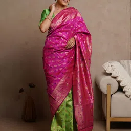 Subham Woven Design Zari Silk Blend Half and Half Banarasi Saree-53