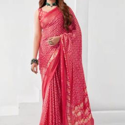 Satrani Pink Printed Saree With Unstitched Blouse-image-91