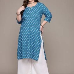 READIPRINT Blue Cotton Floral Kurta-image-4