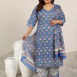 Extra Love By Libas Blue Cotton Floral Printed Suit Set-image-35