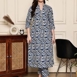 Merira Women Geometric Printed Regular Pure Cotton Kurta With Trousers-image-4