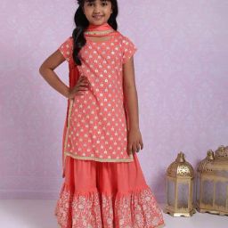 BIBA Girls Peach Embellished Kurta, Palazzos and Dupatta-image-40