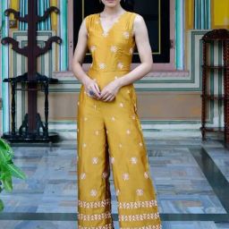 Lirose Mustard Pure Moss Modal Rayon Satin Heavy Embroidered Jumpsuit-picture-43