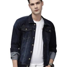 VOXATI Navy Full Sleeves Shirt Collar Denim Jacket-image-38