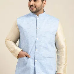 SOJANYA Blue Cotton Linen Comfort Fit Self Pattern Nehru Jacket-image-23