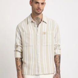 The Bear House Beige Regular Fit Striped Shirt-image-49