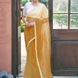 Satrani Yellow Net Solid Saree With Unstitched Blouse-picture-6