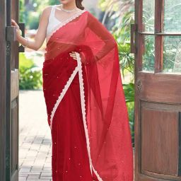 Satrani Red Net Solid Saree With Unstitched Blouse image 4