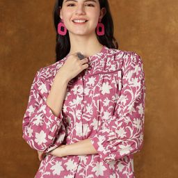HERE&NOW Floral Print Mandarin Collar Cuffed Sleeve Pure Cotton Shirt Style Top-image-68