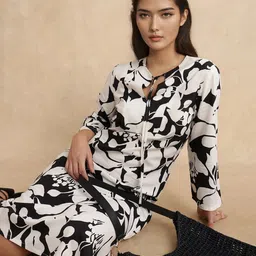 RAREISM Floral Print Tie-Up Neck Bell Sleeve Maxi Midi Dress-image-3