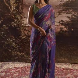 Satrani Purple Floral Print Saree With Unstitched Blouse-image-26