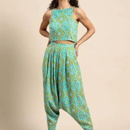 Mabish Turquoise Printed Crop Top Dhoti Pant Set-image-49