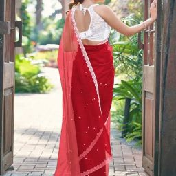 Satrani Red Net Solid Saree With Unstitched Blouse image 2