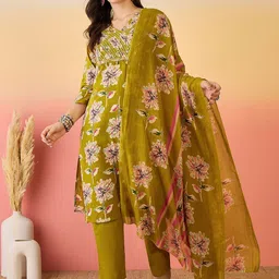 Sangria Floral Printed Thread Work Pure Cotton Straight Kurta And Trouser With Dupatta-26
