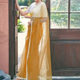 Satrani Yellow Net Solid Saree With Unstitched Blouse image 3