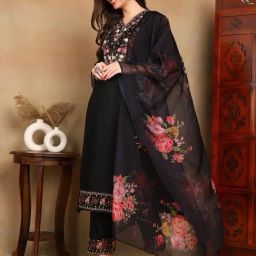 Vaamsi Black Silk Embroidered Kurta With Pant & Dupatta-picture-10