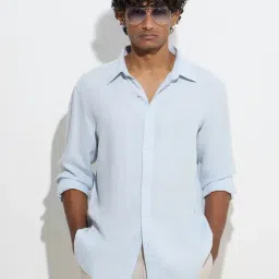 Ascot by Westside Light Blue Solid Relaxed-Fit Linen Shirt-image-83